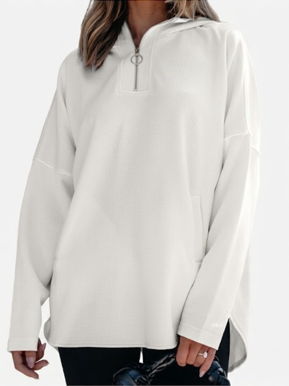Women’s White Hooded Pullover Top Sweatshirt with Quarter Zip